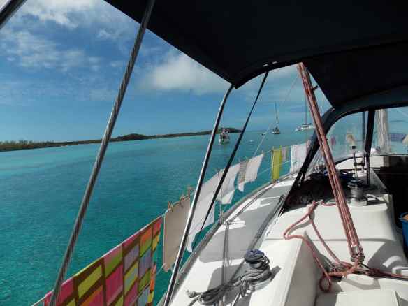 Port side of Truansea with the laundry hanging to dry.