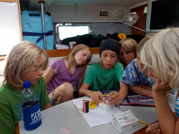 Class on the telegraph machine on Truansea, incorporating the pony express and morse code into it. The kids are going to send morse code messages by flashlight back and forth between boats tonight. Nick, Elana, Cole, Logan, John and Morgan.