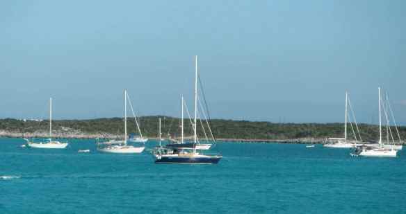 Truansea at anchor in Black Point. It is the blue hulled boat in the middle of the picture.