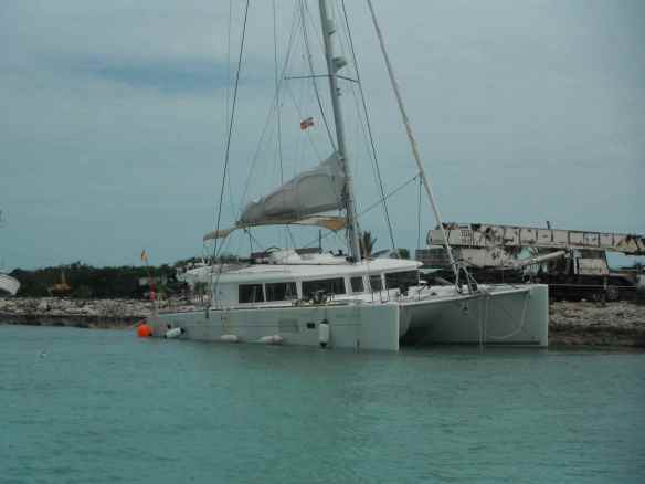 Catamaran that hit a reef in Elizabeth Harbor is now at the local boat yard.  The reef won that battle.