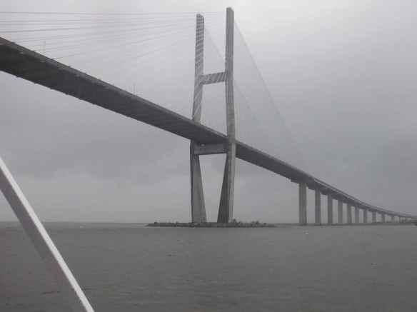 Sailing under Sidney Lanier Bridge in Brunswick, Georgia ahead of Tropical Storm Andrea.