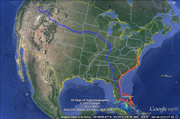The blue track is our road trip.  The red line is our sailing track.